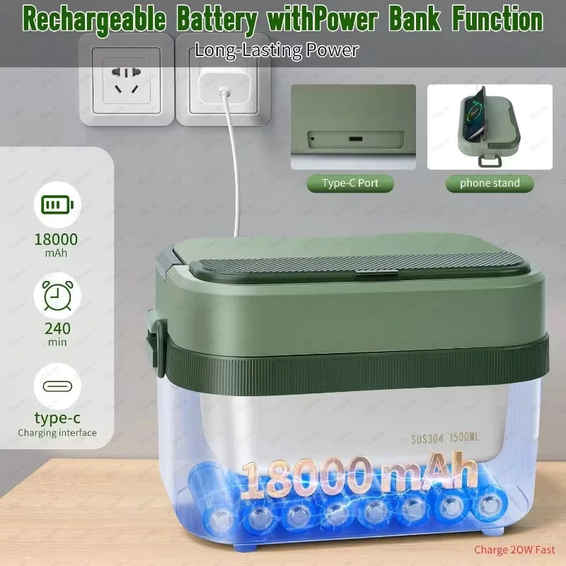 Gison Wireless Electric lunch box 1.5L Capacity 60W Smart Warm lunch box 18000mAh Battery Rechargeable Fast Heating lunch box