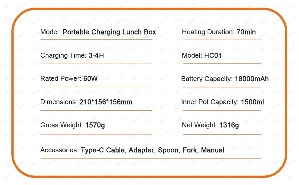 Gison Wireless Electric lunch box 1.5L Capacity 60W Smart Warm lunch box 18000mAh Battery Rechargeable Fast Heating lunch box